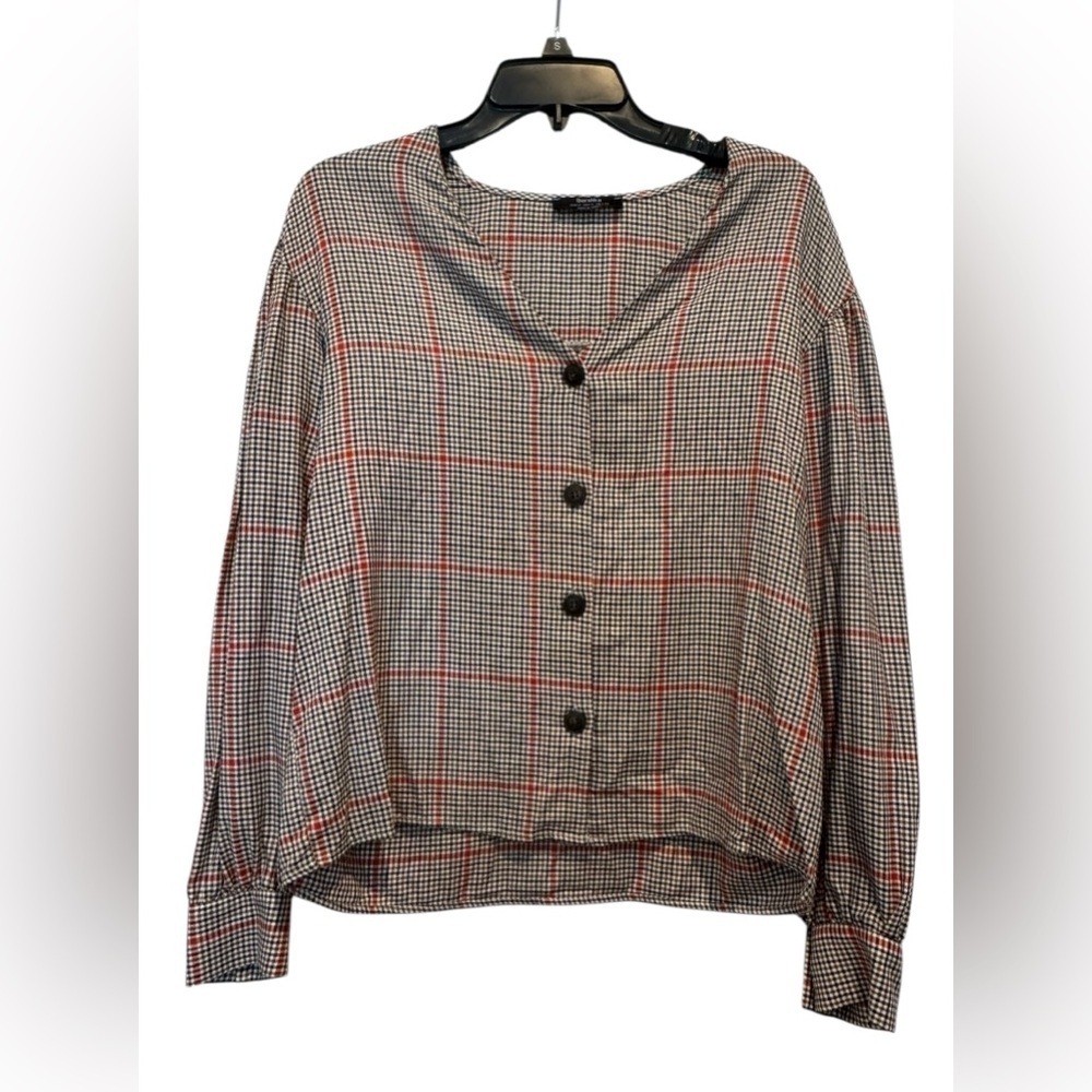 Women’s Bershka Plaid Beige Balloon Long Sleeve Button Blouse: Medium